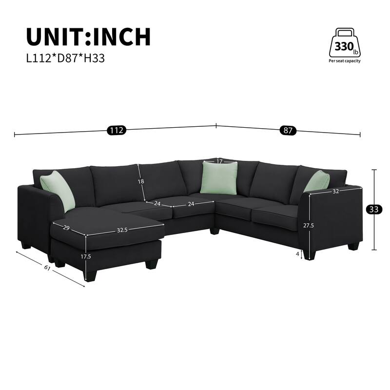 Modular Sectional Sofa with Removable Ottoman, 7 Seats Corner Sectional Sofa, L Shape Fabric Upholstered Sofa with 3 Pillows - Black