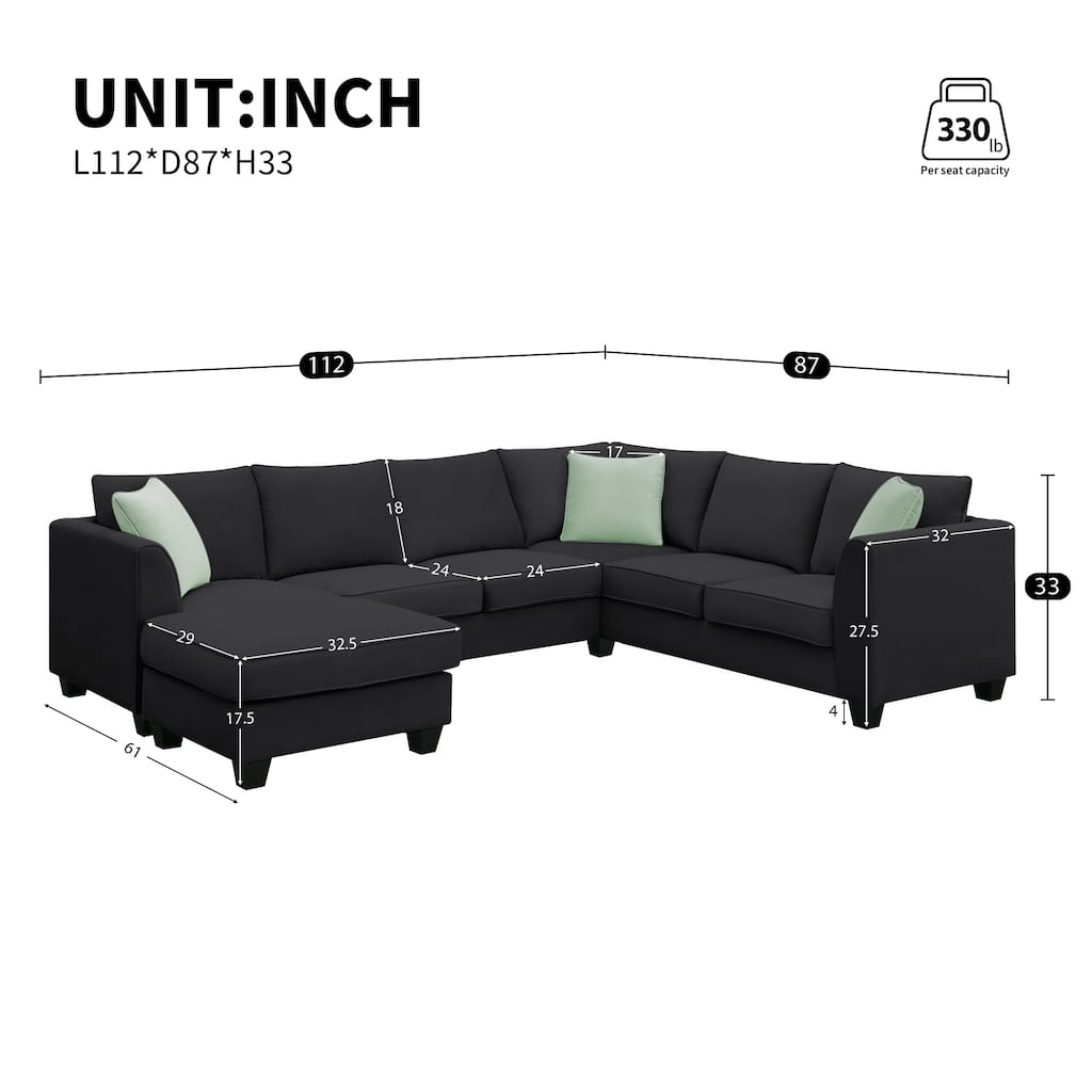 Modular Sectional Sofa with Removable Ottoman, 7 Seats Corner Sectional Sofa, L Shape Fabric Upholstered Sofa with 3 Pillows