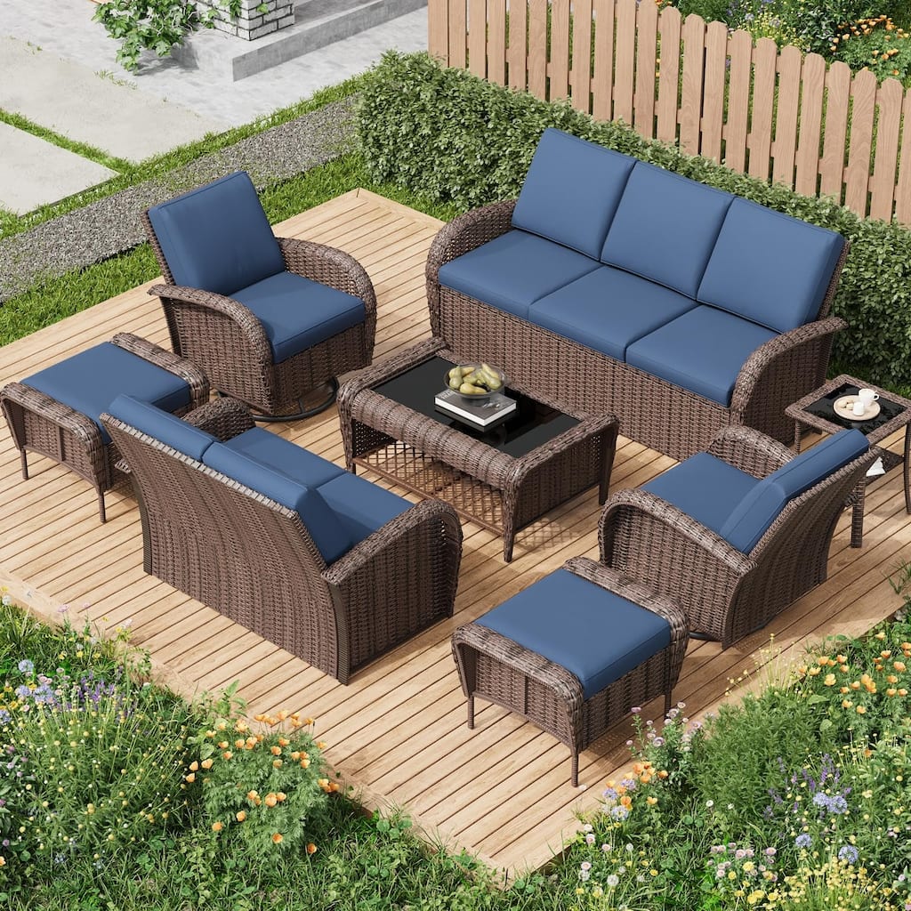 EROMMY Outdoor Wicker Patio Set with Swivel Chairs, Sofa, Ottomans and Tables, All-Weather Conversation Furniture for backyard.
