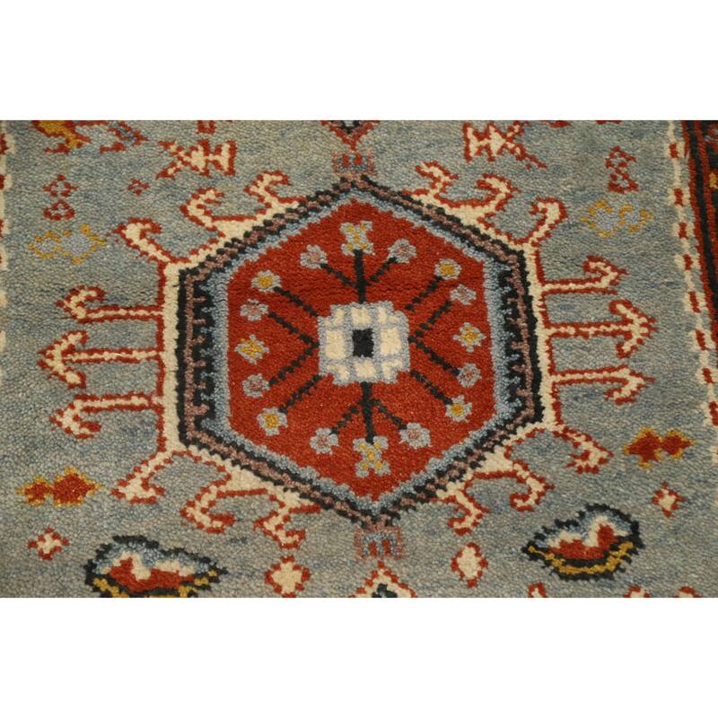 Hand Knotted Oriental 100% Wool Carpet Traditional Geometric Navy Blue & Blues Kazak Runner Rug - 10' 3'' X 2' 6''