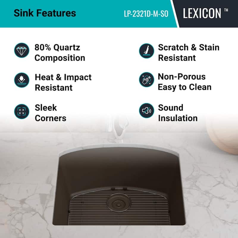 23 Inch Lexicon Platinum Quartz Composite Drop-in Undermount D-Shaped Single Bowl Galaxy Mocha Kitchen Sink LP-2321D-M-SO