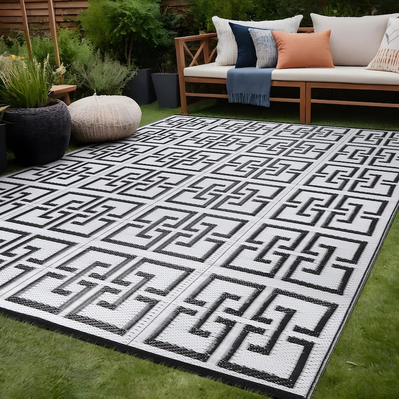 Beverly Rug Geometric Greek Key Outdoor Rug Waterproof for Patio, RV Camping
