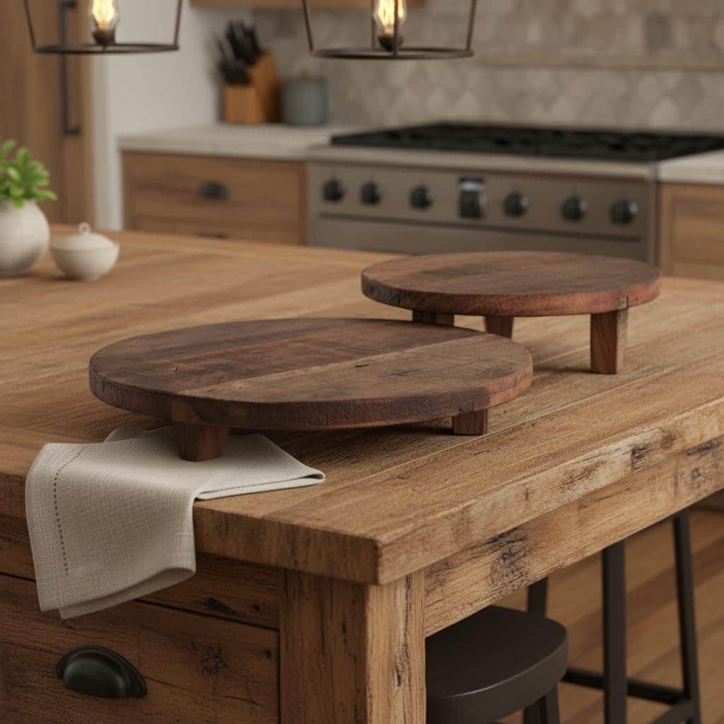 HomeRoots Set of Two Brown Reclaimed Wood Handmade Round Riser Trays - 11.75 in. x 2.25 in. x 11.75 in.