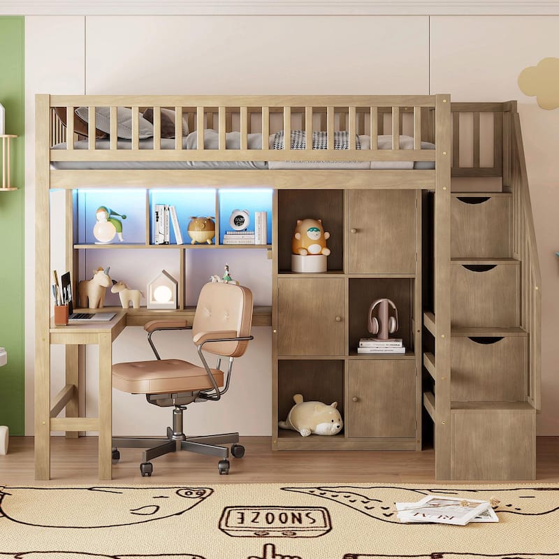 Wooden Twin Loft Bed with Built-in Desk, LED Lights, Storage Shelves, Cabinets & Staircase