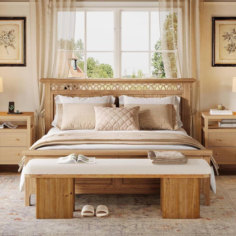 59Inch Solid Wood Entryway Bench, Upholstered End of Bed Bench with Faux Shearling Cushion, Long Ottoman for Bedroom, Entryway