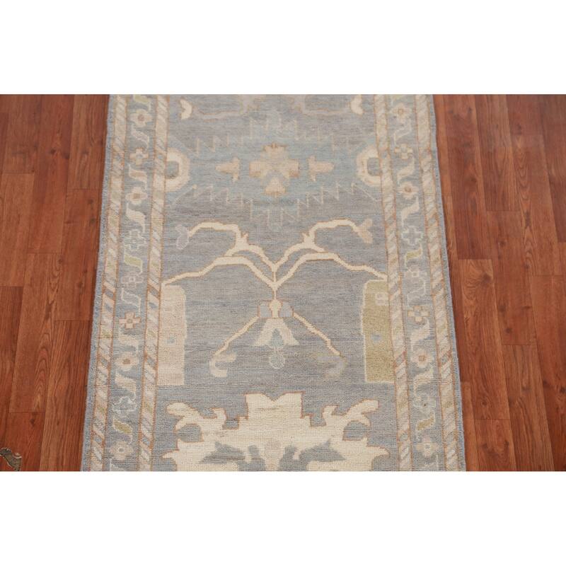 Hand Knotted Oriental 100% Wool Carpet Transitional Floral Greys & Charcoal Oushak Runner Rug - 11' 7'' X 2' 11''