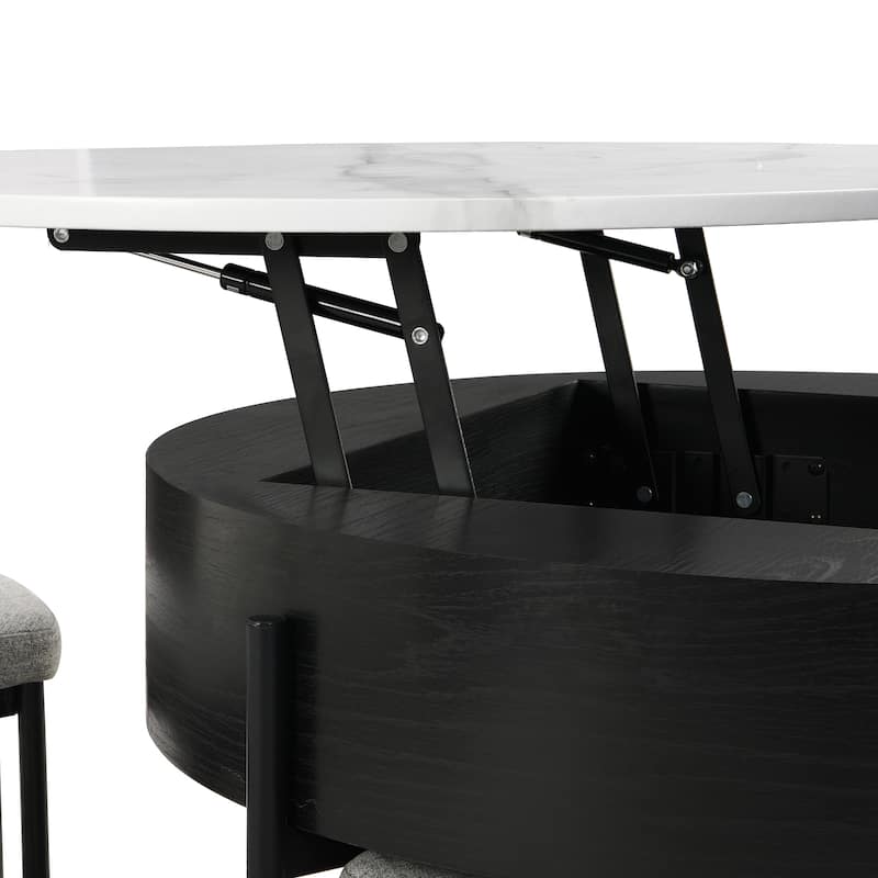 Modern Round Coffee Table Set with Lift-Top, Dining Table Set with Hidden Storage and 3 Ottomans