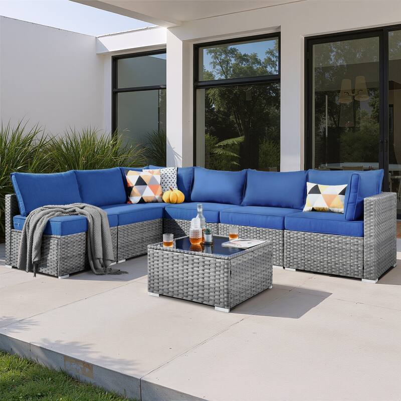XIZZI 7-Piece Outdoor Patio Wicker Sectional Set with Coffee Table - Navy Blue