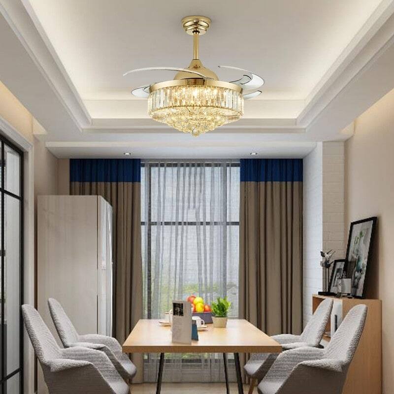 48 in. Crystal Ceiling Fan with Lights Remote Control Retractable Dimmable Fandelier Reversible LED Ceiling Fan for Bedroom