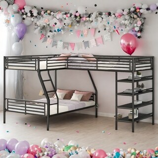 Twin over Full Size L-Shaped Metal Bunk Bed and Twin Size Loft Bed with 4 Built-in Shelves,3 Beds in 1,Easy Assembly,Black