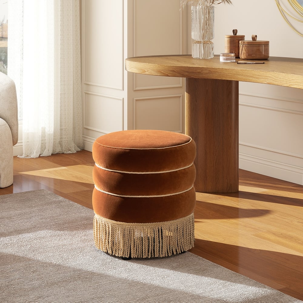Edward 17.5" Round Upholstered Ottoman with Gold Bullion Fringe