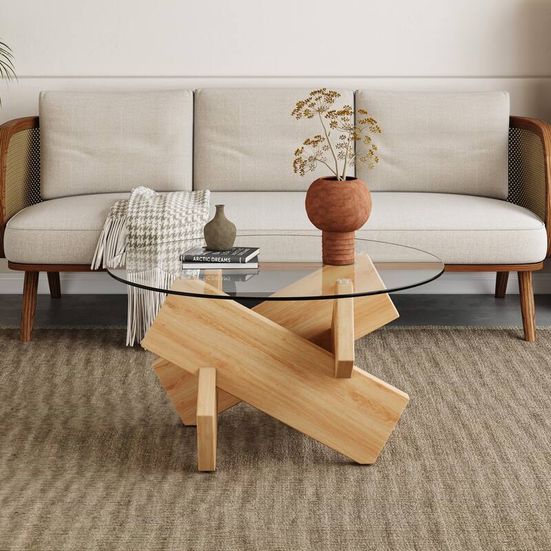 33.4" Modern Round Coffee Table with Clear Tempered Glass Top and MDF Legs for Living Room