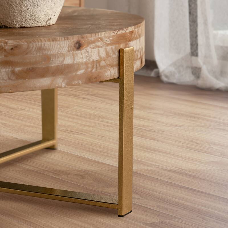 31"W Round Coffee Table With Fir Wood Table Top and Metal Frame End Table