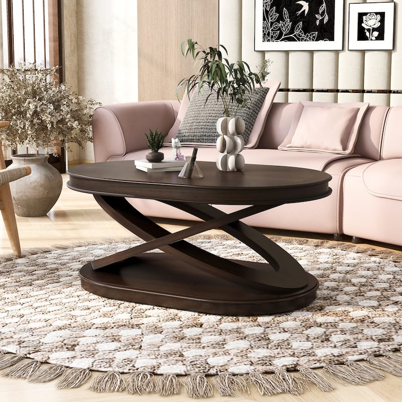 44 Inch Wood Oval Coffee Table with X-Shaped Base, Cocktail Table with Open Storage, Sofa Center Table for Living Room