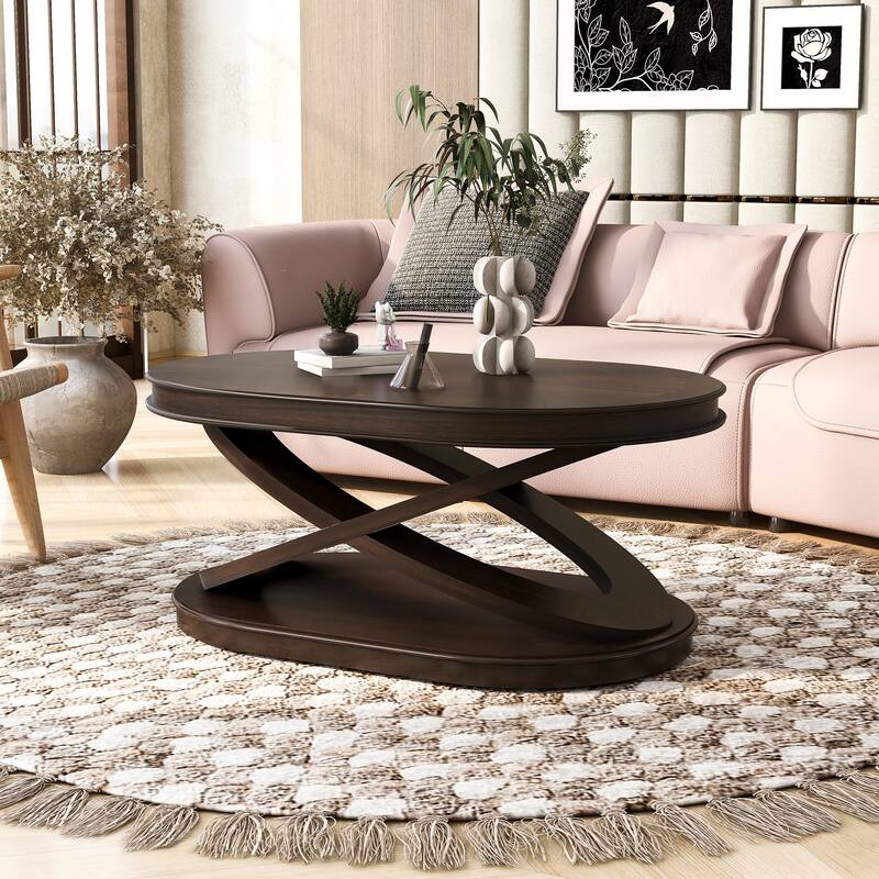 Oval Coffee Table Cocktail Table with X-Shaped Wood Legs, Wood Center Table Accent Table with Round End Table Set of 2