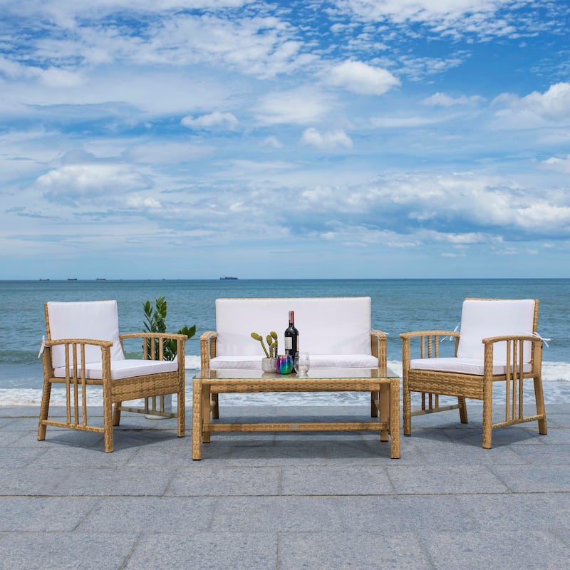 SAFAVIEH Outdoor Jeta 4-Piece Wicker Living Set - 43W x 31D x 26H - Natural/White Cushion