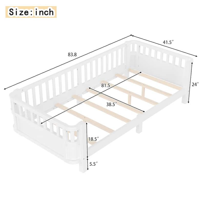 Wood Platform Bed with Guardrails & Detachable Fence, Twin/Full/Twin XL/Queen Size Kids Bed, Safety Design, No Box Spring