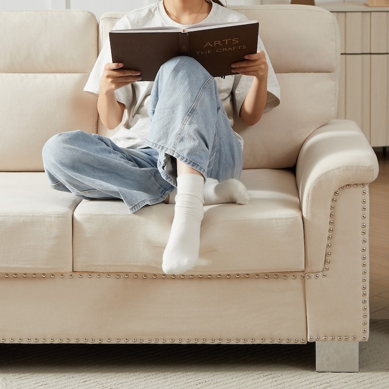 84.2" Modern Snowfleece Fabric 3-Seater Sofa with Nailhead Trim