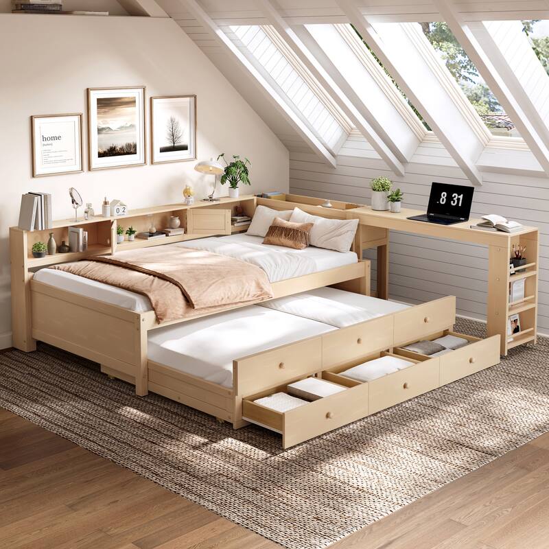 Full/Twin Daybed with Trundle & Storage Drawers - Wood Frame with Side Shelves and Desk