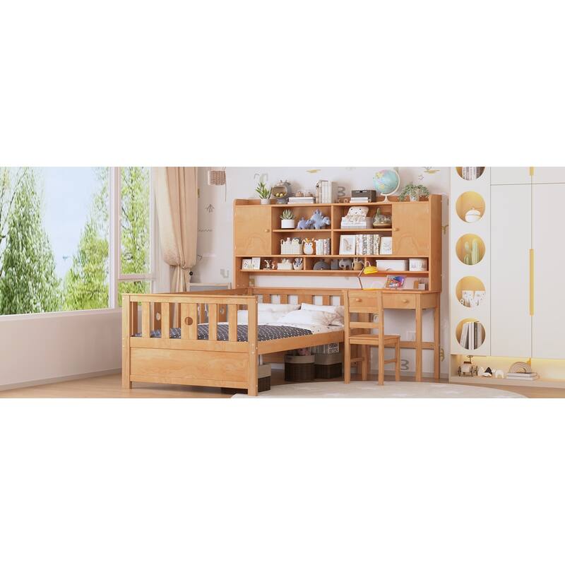 Twin Size Multifunctional Wood Platform Bed with Bookshelf,Built-in Desk and Matching Chair