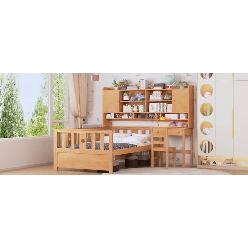 Twin Size Multifunctional Wood Platform Bed with Bookshelf at the Head of the Bed, Built-in Desk and Matching Chair, Natural