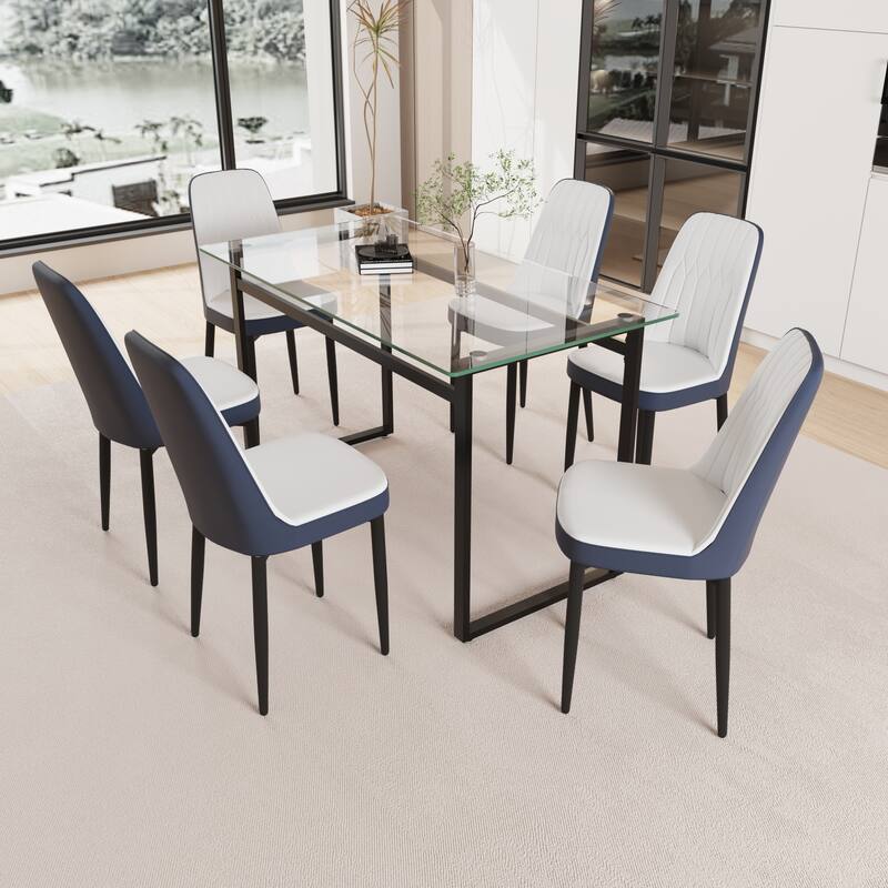 Modern Dining Set with Rectangular Glass Table & PU Upholstered Chairs