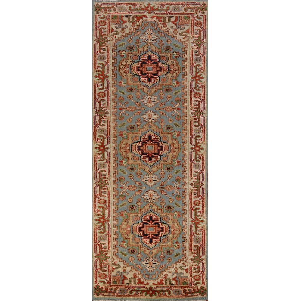 Hand Knotted Oriental 100% Wool Carpet Traditional Geometric Navy Blue & Blues Heriz (serapi) Runner Rug - 8' 3'' X 2' 6''