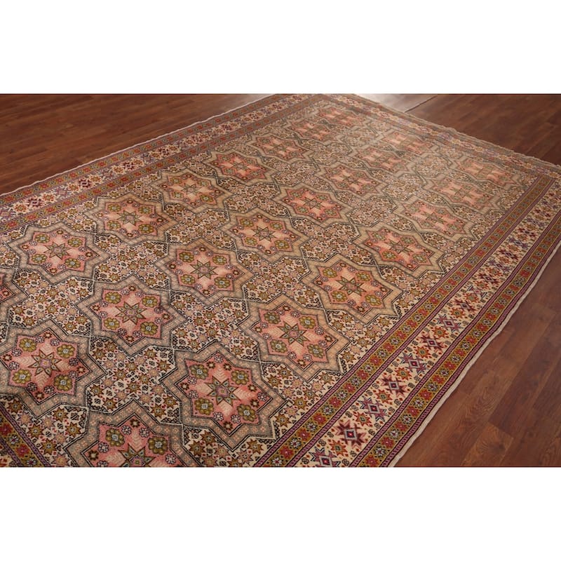 Geometric Anatolian Turkish Vintage Rug Handmade Beige Wool Carpet - 6'7" X 9'10"