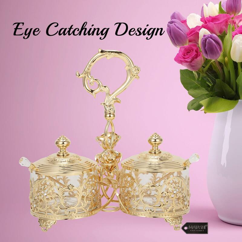 Matashi 24K Gold Plated Crystal Studded Two Cup Candy Dish / Salt Holder