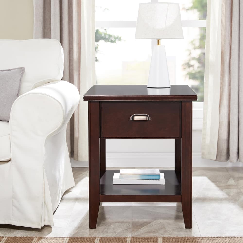 Laurent 20 in. Solid Wood End Table with Shelf and Drawer