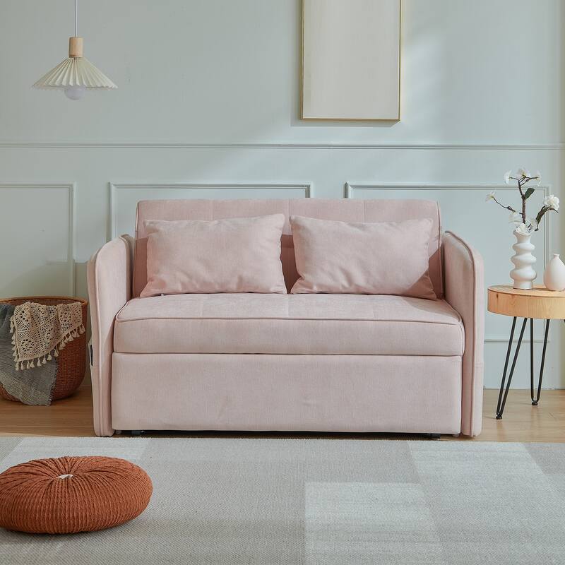 Sofa Bed With Headboard, Pull Out Sofa Bed, Modern Fabric Love Seat Couch With 2 Pillows & 2 Adjustable Armrests