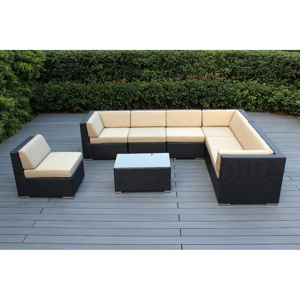 Ohana Outdoor Patio 8 Piece Black Wicker Sectional Set with