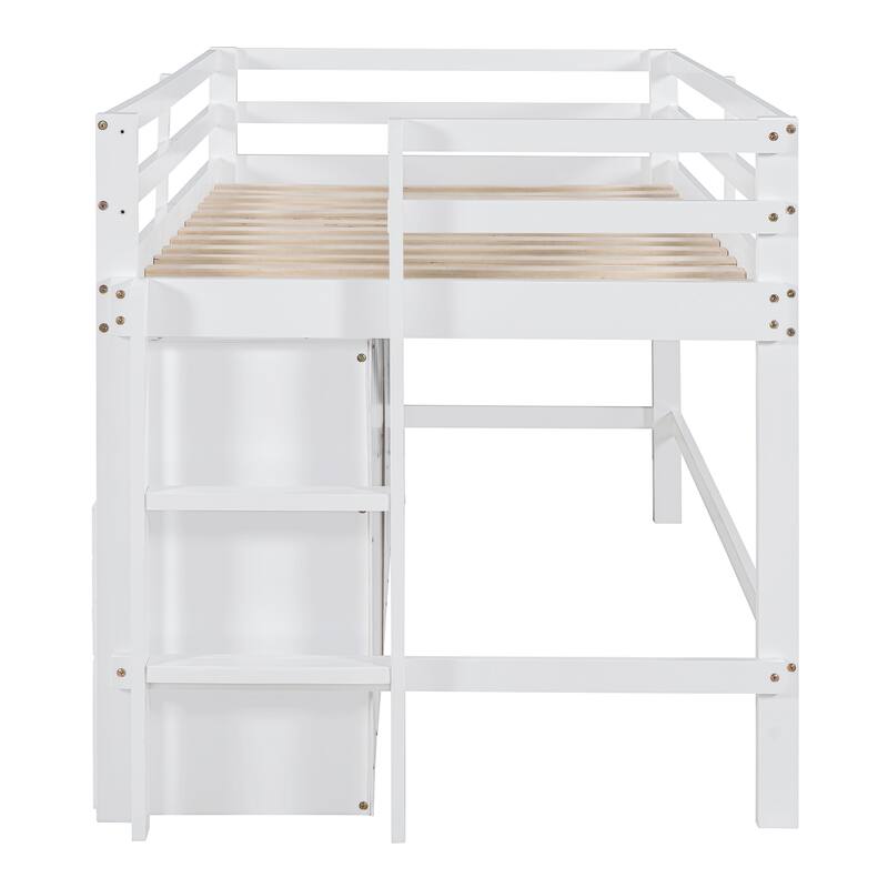 Twin Low Loft Bed Solid Wood Kids Bed Frame Storage Function Loft Bed with Cabinet and 4 Drawers No Box Spring Needed - White