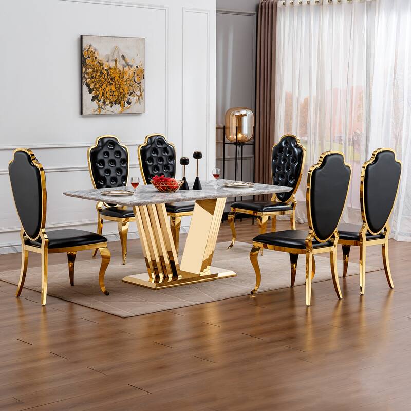 70'' Rectangle Faux Marble Dining Table with Mirrored Finish Stainless Steel Base - Grey+Gold