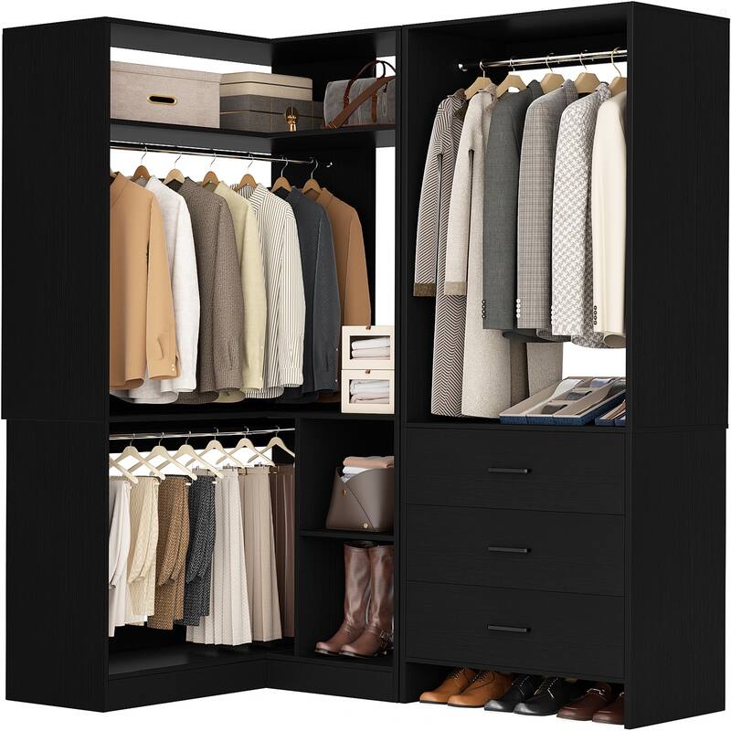 Set of 2 Freestanding Corner Closet Organizer with Drawers, Walk-in Closet System with Hanging Rods