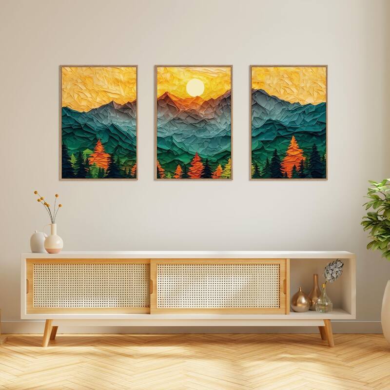 Forest Pine Tree Golden Sunset Wall Decor, Mixed Patchwork Landscape