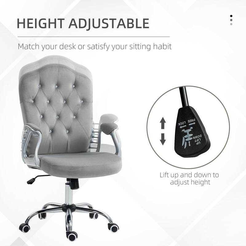 Vinsetto Velvet Office Chair - Button Tufted Adjustable Swivel Desk Chair with Wheels, Light Gray