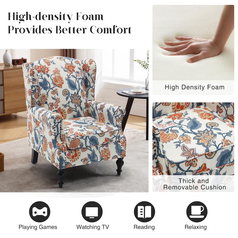 HOMYKA 29'' Wide Floral Pattern Wingback Accent Armchair with Nailhead Trim