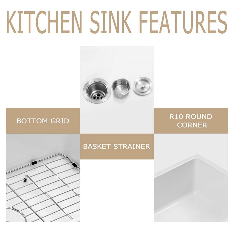 Kichae 33 Inch Ceramic Sink Undermount Farmhouse White Kitchen Sink - 33 in.W x 20 in.D x 9 in.H