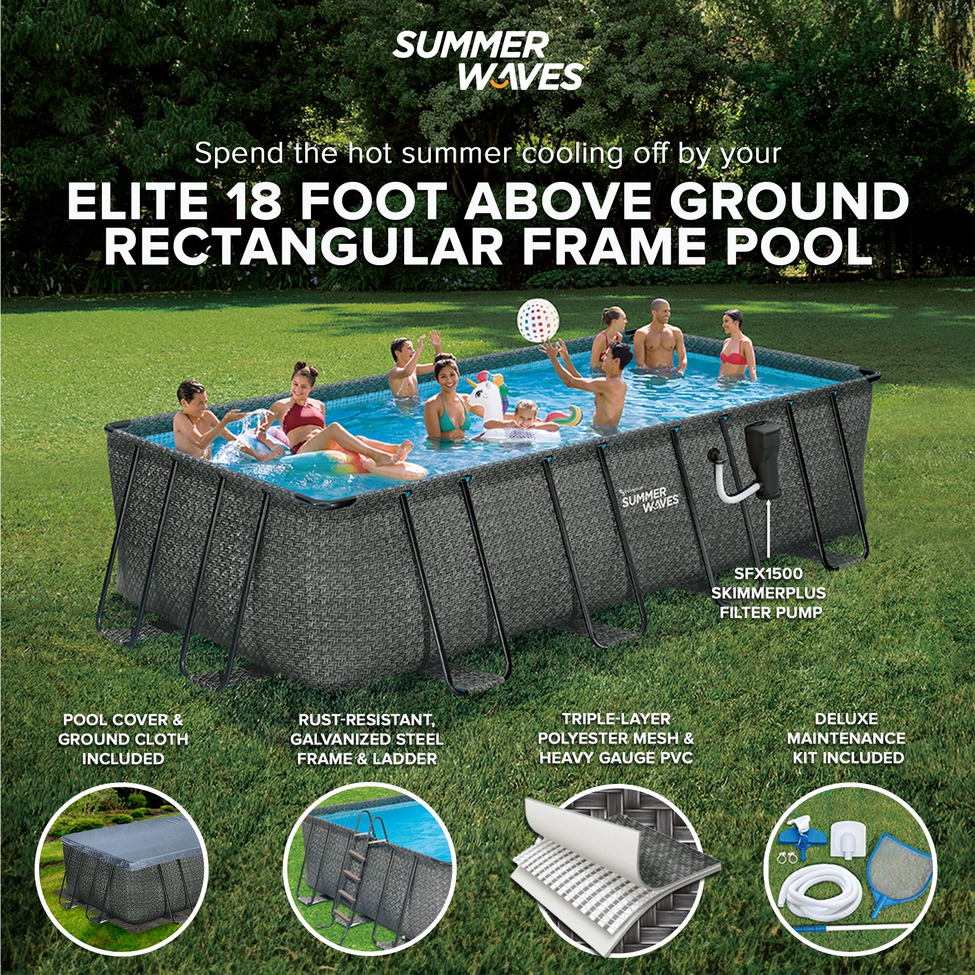 Summer Waves 18ft x 9ft x 52in Above Ground Rectangle Frame