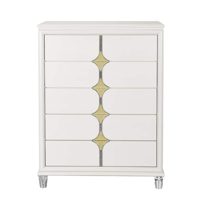 HomeRoots 37" White Wood With Gold Faux Crystal Bling Wood Five Drawer Dresser