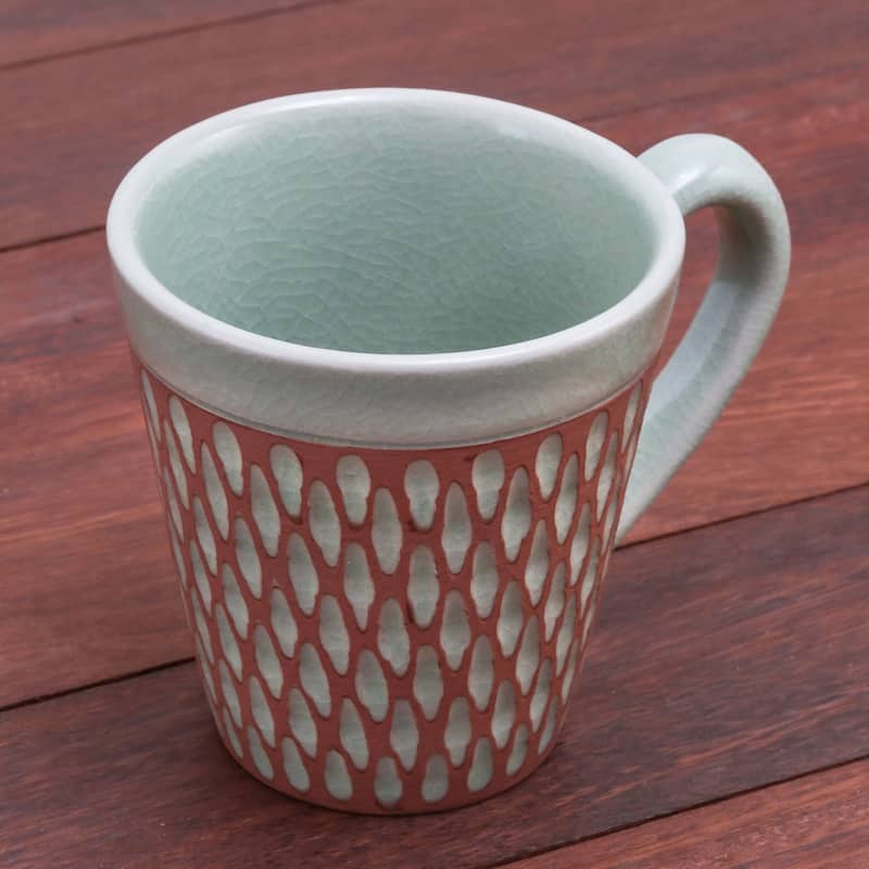 Novica Handmade Ginger Green Honeycomb Celadon Ceramic Mug