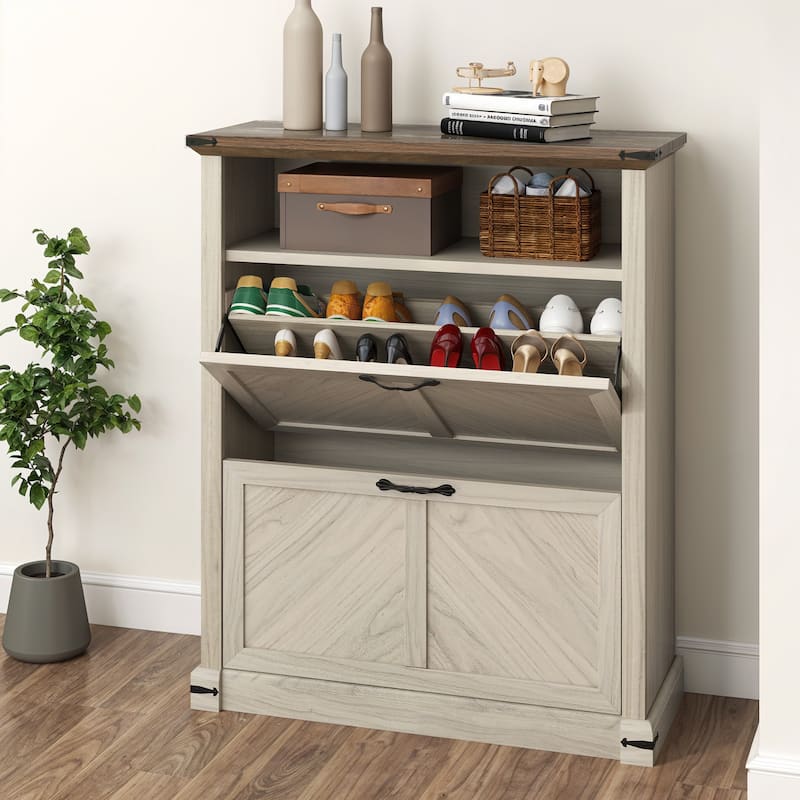 Moasis Farmhouse 16 Pairs Shoe Storage Cabinet with 2 Drawers Adjustable Shelves