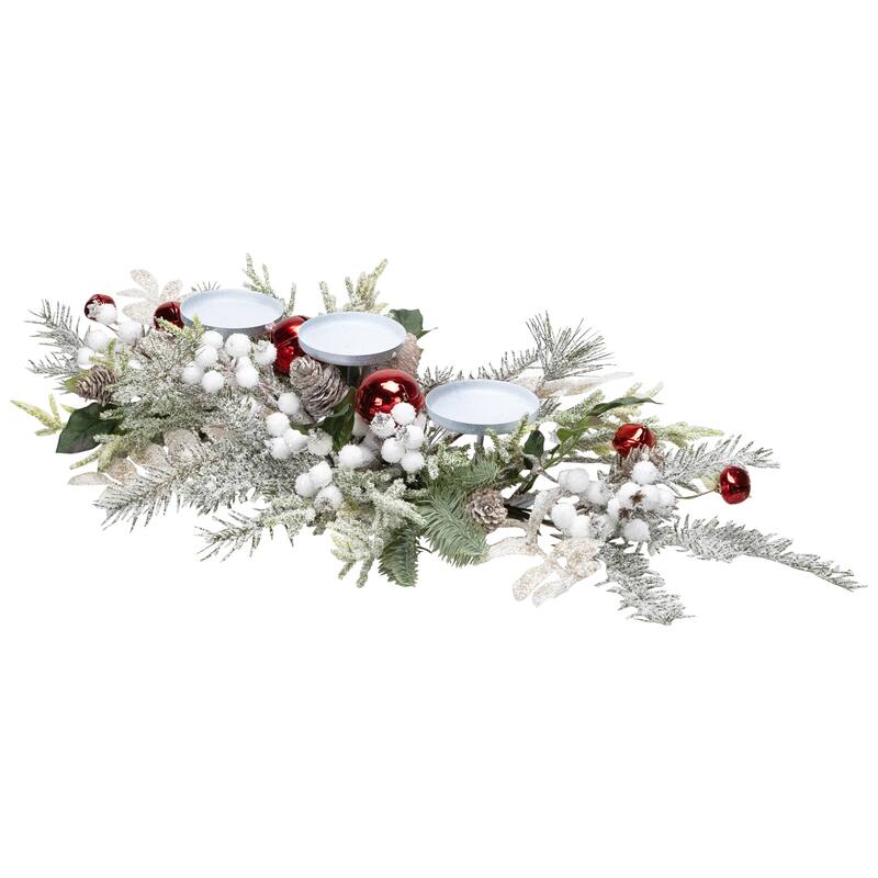 Frosted Winter Greenery and Jingle Bells Christmas Pillar Candle Holder - 28"