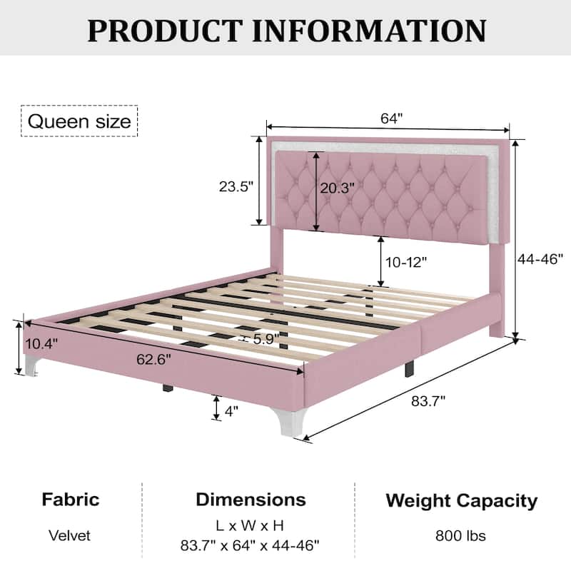 Queen Size Velvet Upholstered Platform Bed with LED Lights and 2 Nightstands (3-Piece Set)