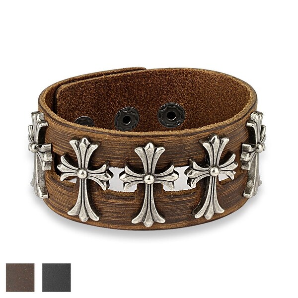 Five Metal Celtic Crosses Center Adjustable Leather Bracelet (Sold Ind.)