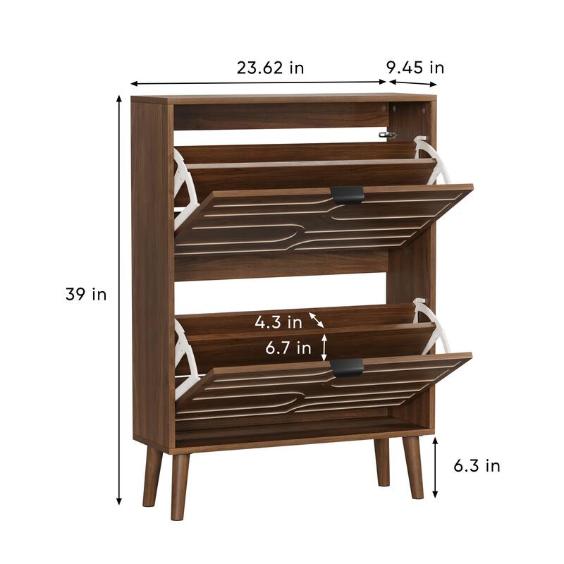 Medieval Modern Independent Shoe Cabinet, 23.62-inch Walnut Shoe Storage Cabinet,, Fence Shoe Cabinet with 2 Flip Drawers