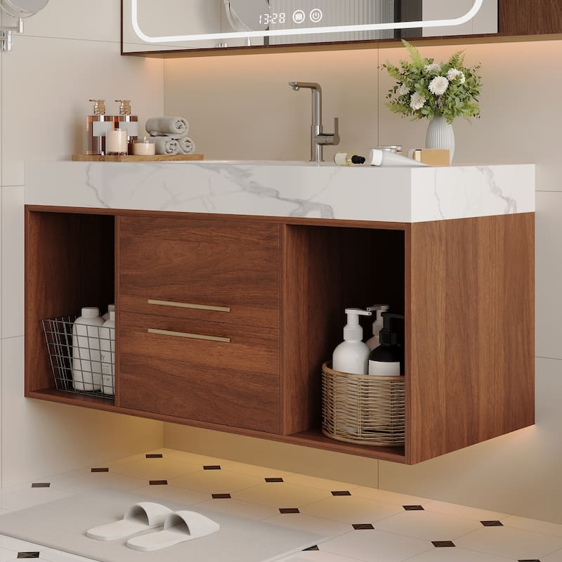 Modern Wall Mounted Bathroom Vanity Floating Storage Cabinet with Ceramic Sink, Faux Marble Countertop, Drawers and Open Shelves