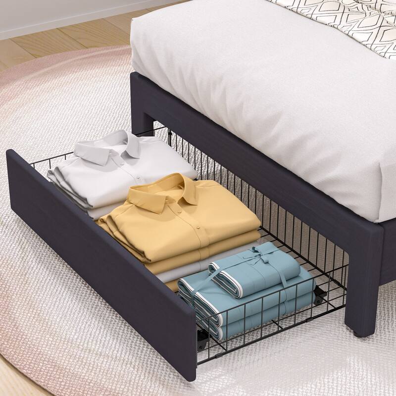 VECELO 2-Pack Kid Bed Frame Set Twin Size Platform Bed with Adjustable Upholstered Headboard Storage Drawer No Box Spring Needed