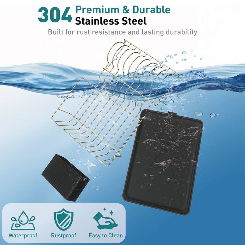 Dish Drying Rack for Kitchen Countertop, Gold Stainless Steel Dish Drainer with Drain Board, Utensil Holder & Anti-Slip Feet